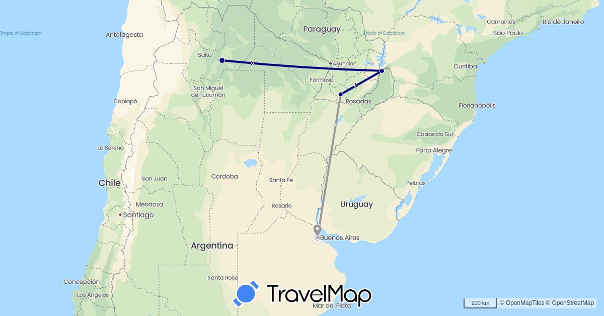 TravelMap itinerary: driving, plane in Argentina, Paraguay (South America)