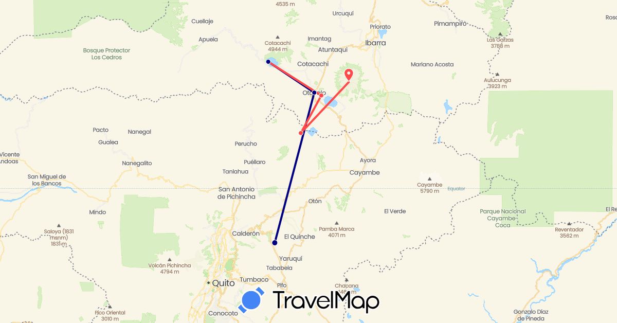 TravelMap itinerary: driving, hiking in Ecuador (South America)
